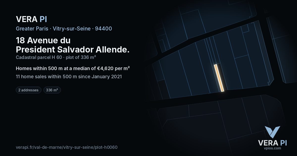 18 Avenue du President Salvador Allende, Vitry-sur-Seine at night – the plot lit, the parcels around coloured by the prices near them