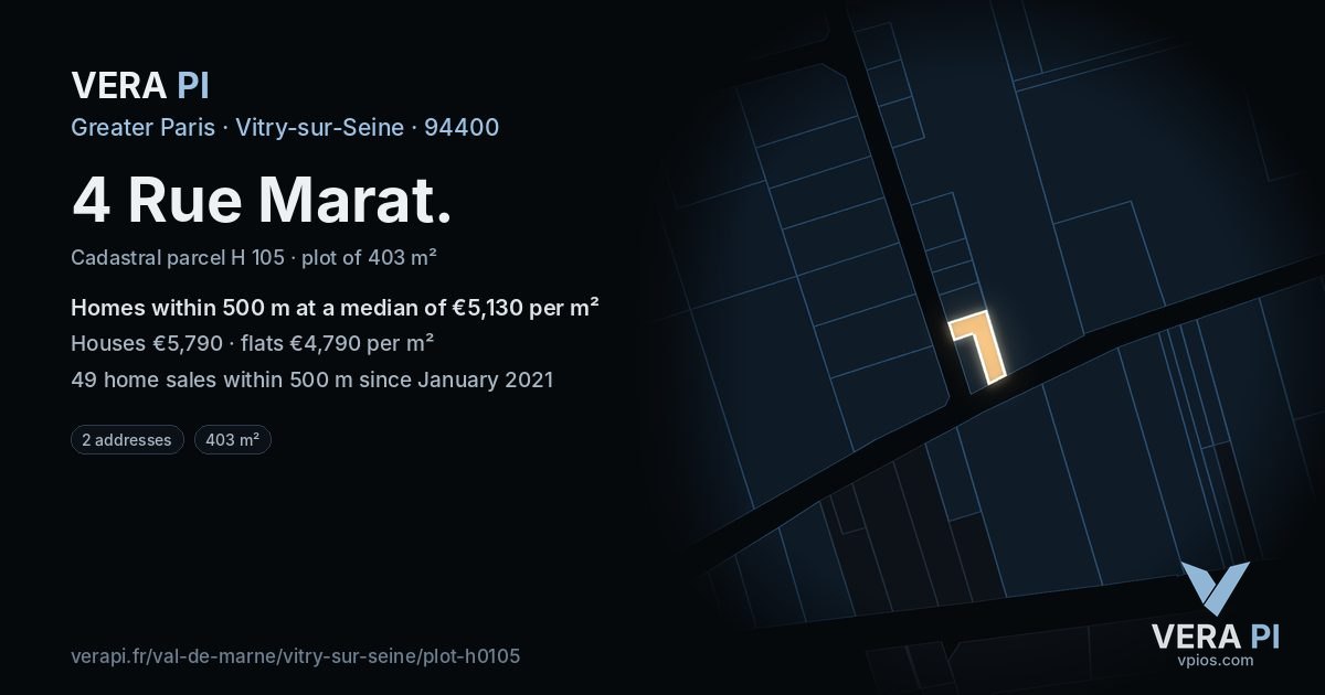 4 Rue Marat, Vitry-sur-Seine at night – the plot lit, the parcels around coloured by the prices near them