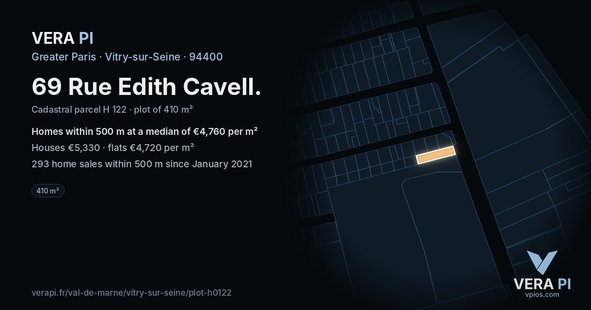 69 Rue Edith Cavell, Vitry-sur-Seine at night – the plot lit, the parcels around coloured by the prices near them