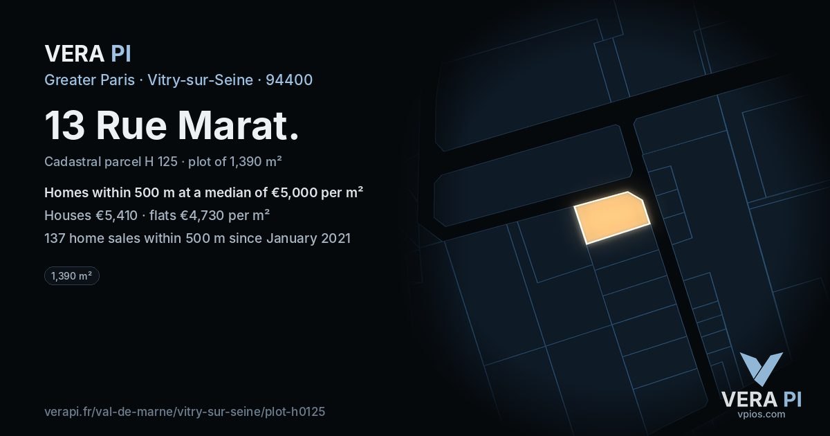 13 Rue Marat, Vitry-sur-Seine at night – the plot lit, the parcels around coloured by the prices near them