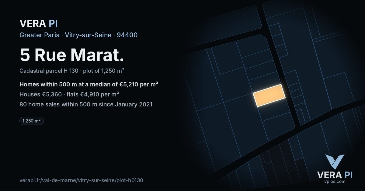 5 Rue Marat, Vitry-sur-Seine at night – the plot lit, the parcels around coloured by the prices near them