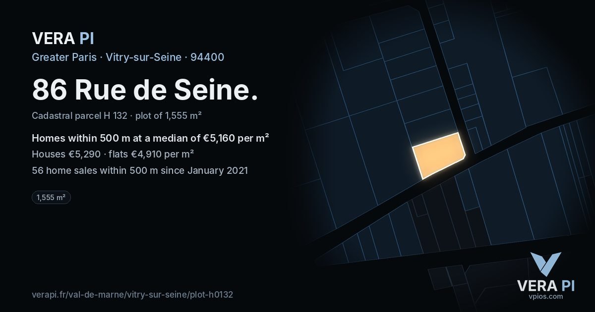 86 Rue de Seine, Vitry-sur-Seine at night – the plot lit, the parcels around coloured by the prices near them