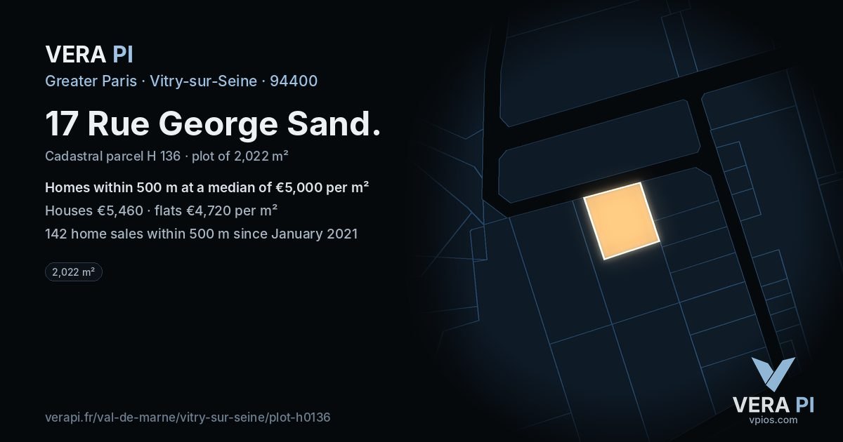 17 Rue George Sand, Vitry-sur-Seine at night – the plot lit, the parcels around coloured by the prices near them