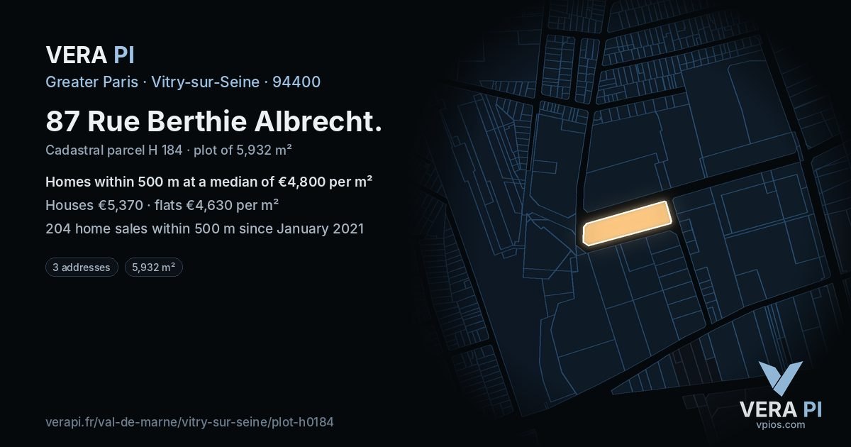 87 Rue Berthie Albrecht, Vitry-sur-Seine at night – the plot lit, the parcels around coloured by the prices near them