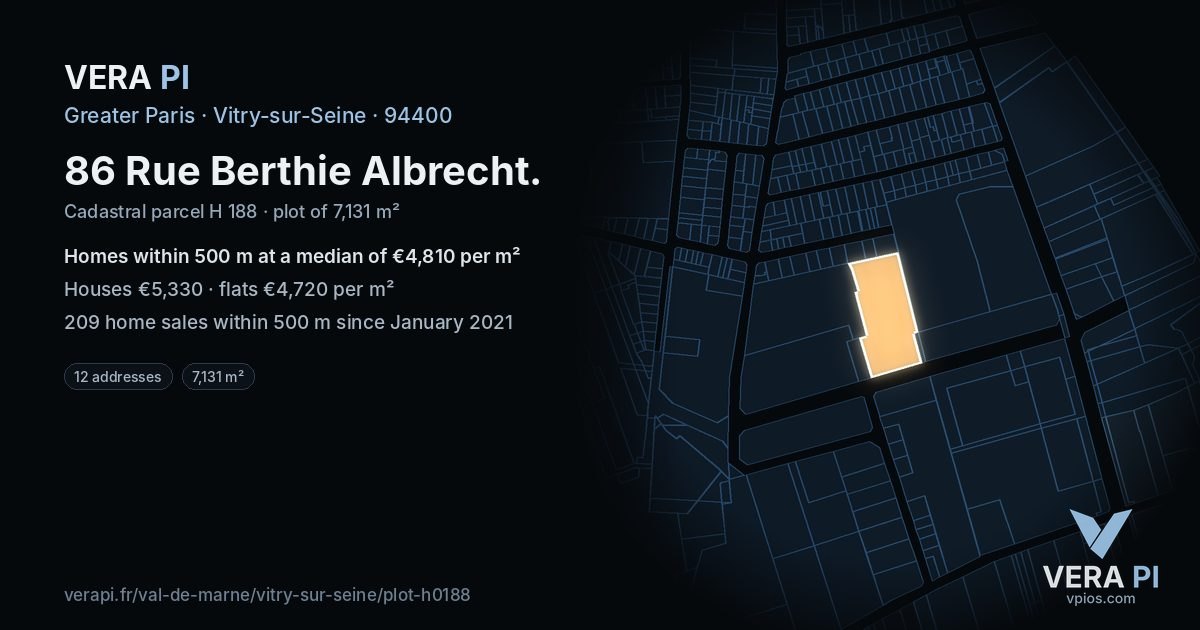 86 Rue Berthie Albrecht, Vitry-sur-Seine at night – the plot lit, the parcels around coloured by the prices near them