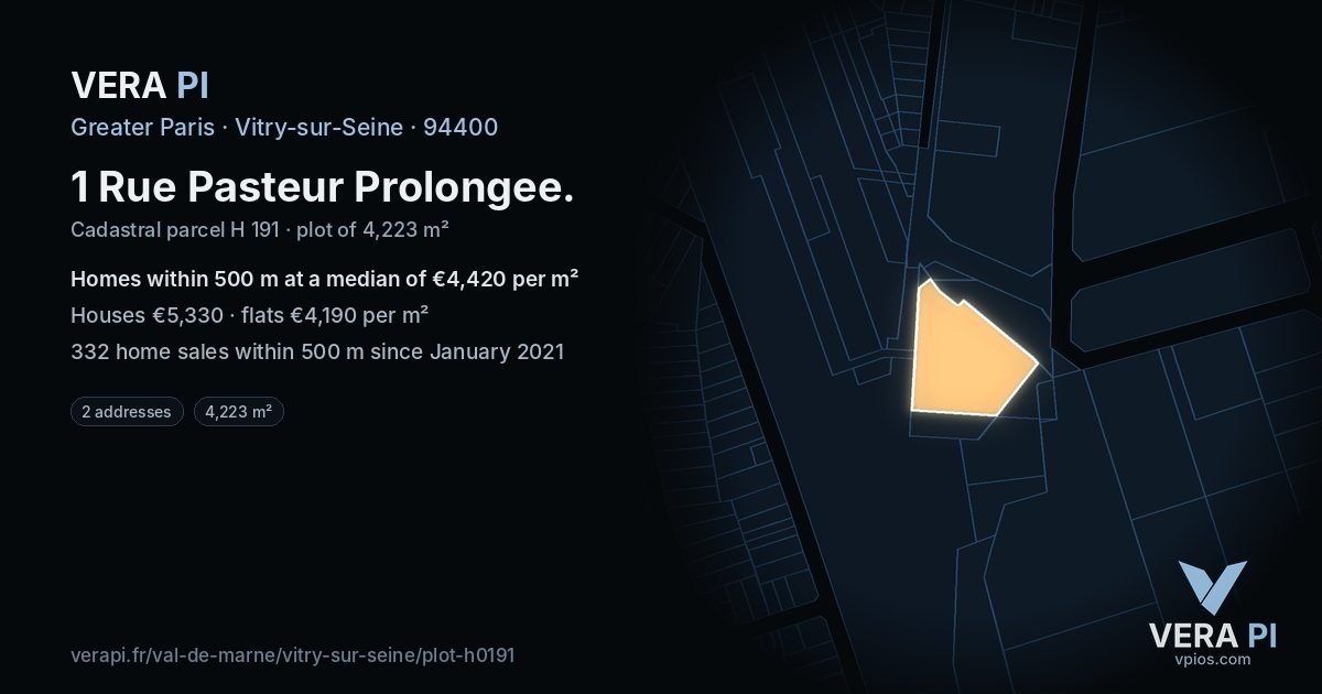 1 Rue Pasteur Prolongee, Vitry-sur-Seine at night – the plot lit, the parcels around coloured by the prices near them