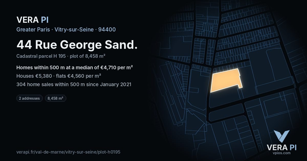 44 Rue George Sand, Vitry-sur-Seine at night – the plot lit, the parcels around coloured by the prices near them