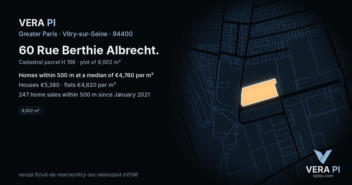 60 Rue Berthie Albrecht, Vitry-sur-Seine at night – the plot lit, the parcels around coloured by the prices near them