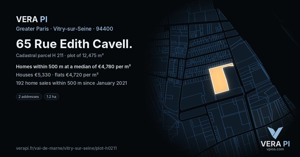 65 Rue Edith Cavell, Vitry-sur-Seine at night – the plot lit, the parcels around coloured by the prices near them