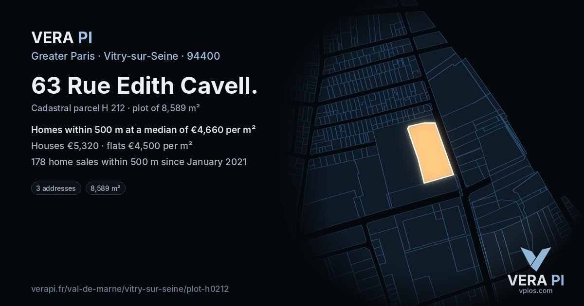 63 Rue Edith Cavell, Vitry-sur-Seine at night – the plot lit, the parcels around coloured by the prices near them