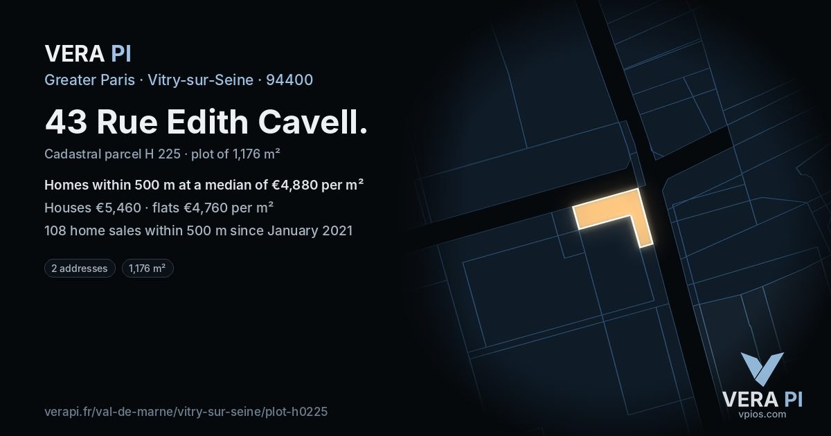 43 Rue Edith Cavell, Vitry-sur-Seine at night – the plot lit, the parcels around coloured by the prices near them