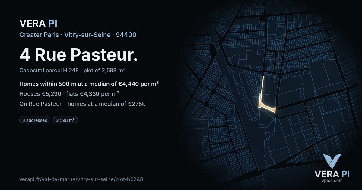 4 Rue Pasteur, Vitry-sur-Seine at night – the plot lit, the parcels around coloured by the prices near them