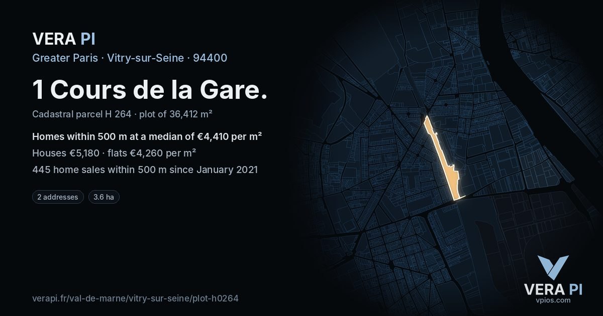1 Cours de la Gare, Vitry-sur-Seine at night – the plot lit, the parcels around coloured by the prices near them