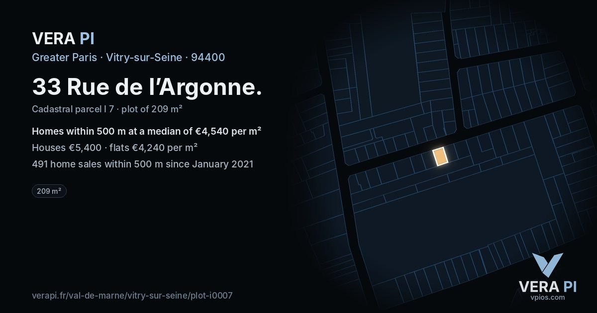 33 Rue de l’Argonne, Vitry-sur-Seine at night – the plot lit, the parcels around coloured by the prices near them