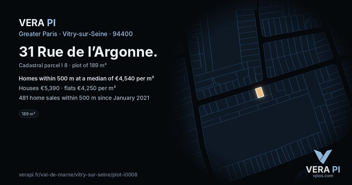 31 Rue de l’Argonne, Vitry-sur-Seine at night – the plot lit, the parcels around coloured by the prices near them