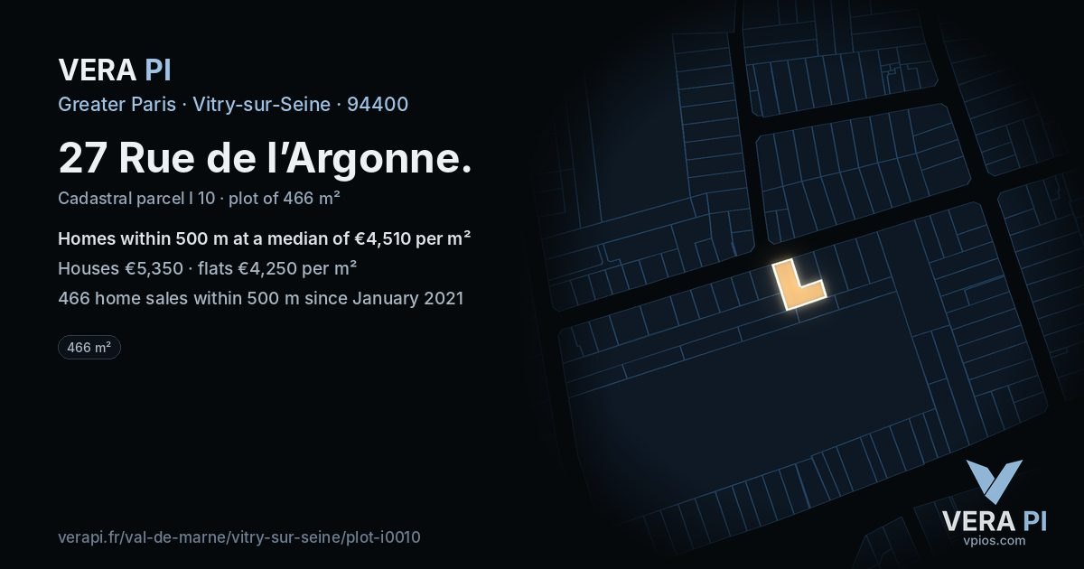 27 Rue de l’Argonne, Vitry-sur-Seine at night – the plot lit, the parcels around coloured by the prices near them