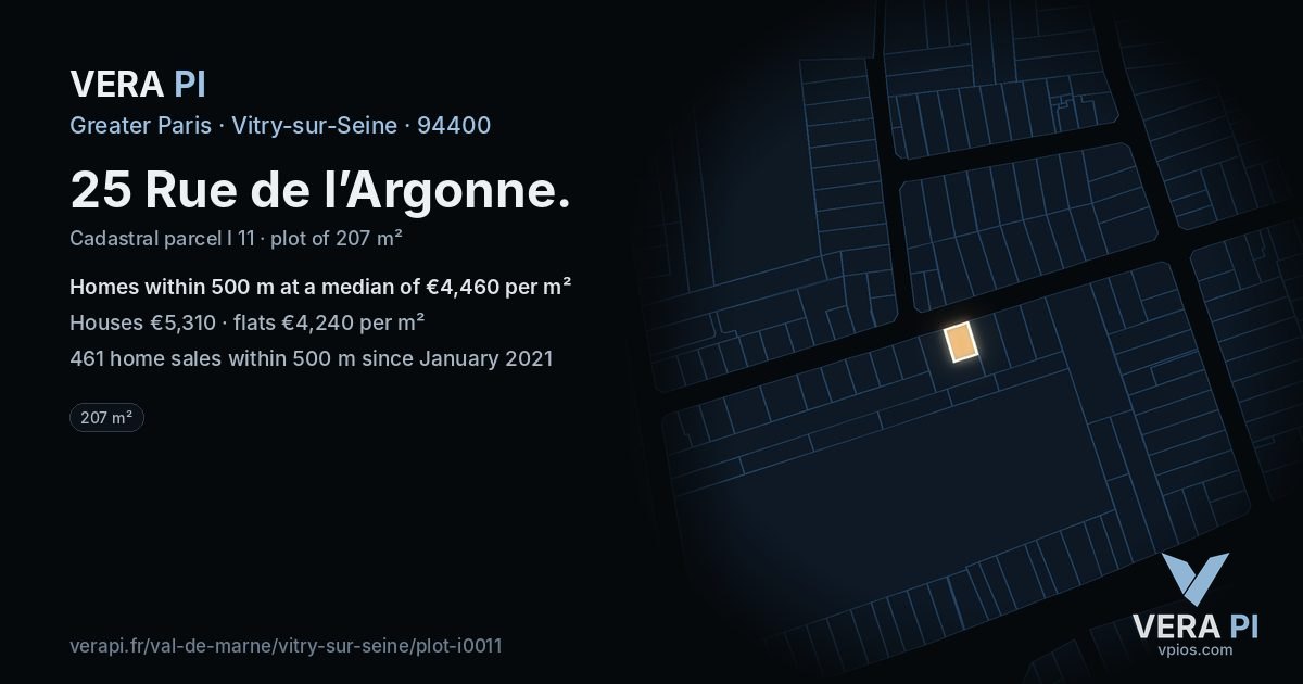 25 Rue de l’Argonne, Vitry-sur-Seine at night – the plot lit, the parcels around coloured by the prices near them