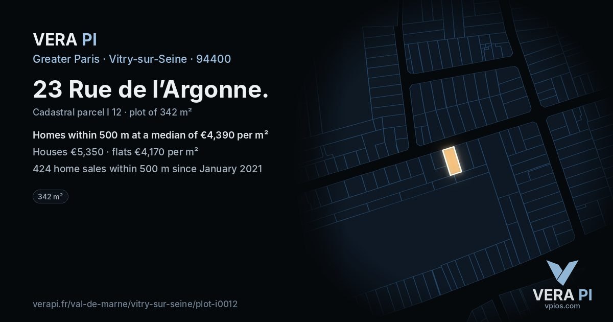 23 Rue de l’Argonne, Vitry-sur-Seine at night – the plot lit, the parcels around coloured by the prices near them