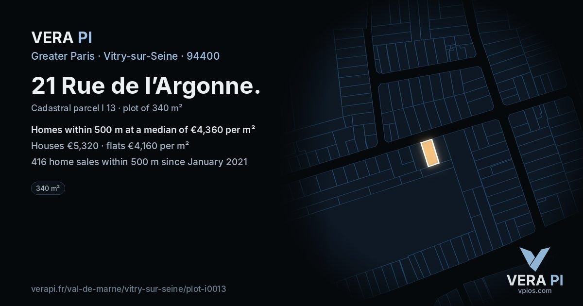 21 Rue de l’Argonne, Vitry-sur-Seine at night – the plot lit, the parcels around coloured by the prices near them