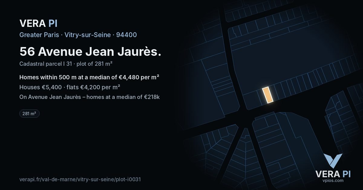 56 Avenue Jean Jaurès, Vitry-sur-Seine at night – the plot lit, the parcels around coloured by the prices near them