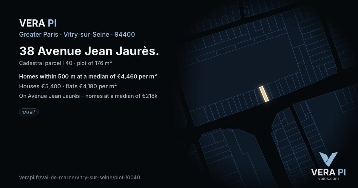 38 Avenue Jean Jaurès, Vitry-sur-Seine at night – the plot lit, the parcels around coloured by the prices near them