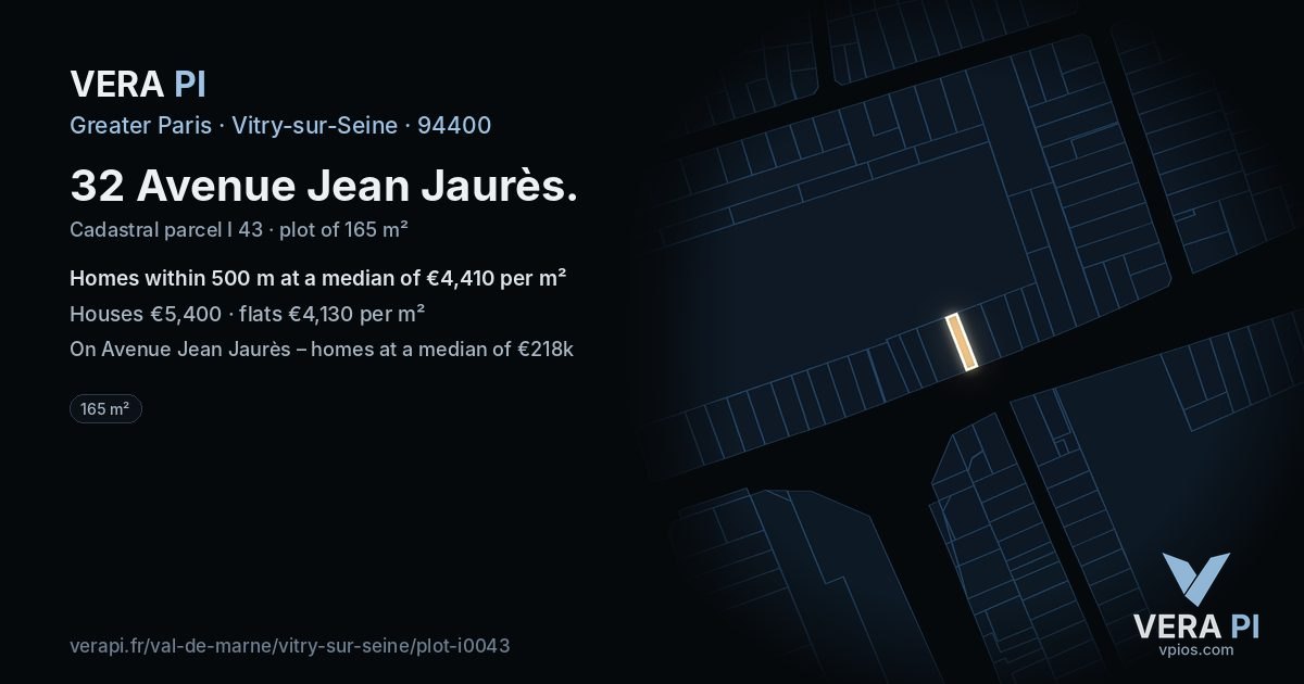 32 Avenue Jean Jaurès, Vitry-sur-Seine at night – the plot lit, the parcels around coloured by the prices near them