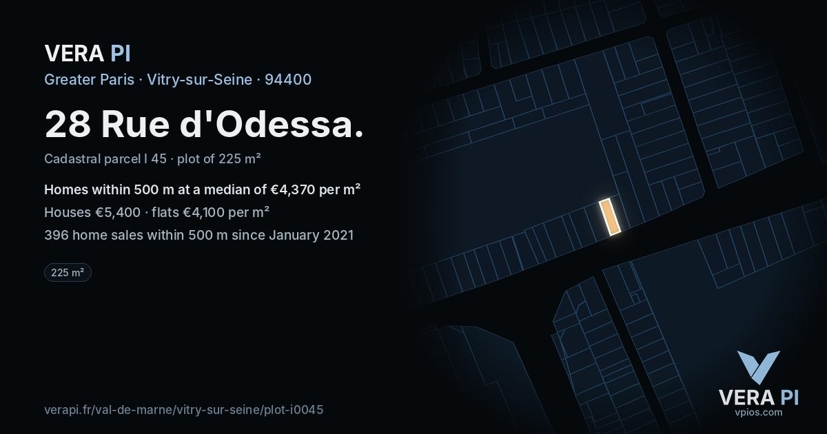 28 Rue d'Odessa, Vitry-sur-Seine at night – the plot lit, the parcels around coloured by the prices near them