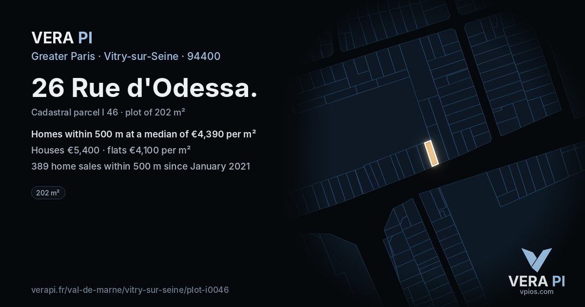26 Rue d'Odessa, Vitry-sur-Seine at night – the plot lit, the parcels around coloured by the prices near them