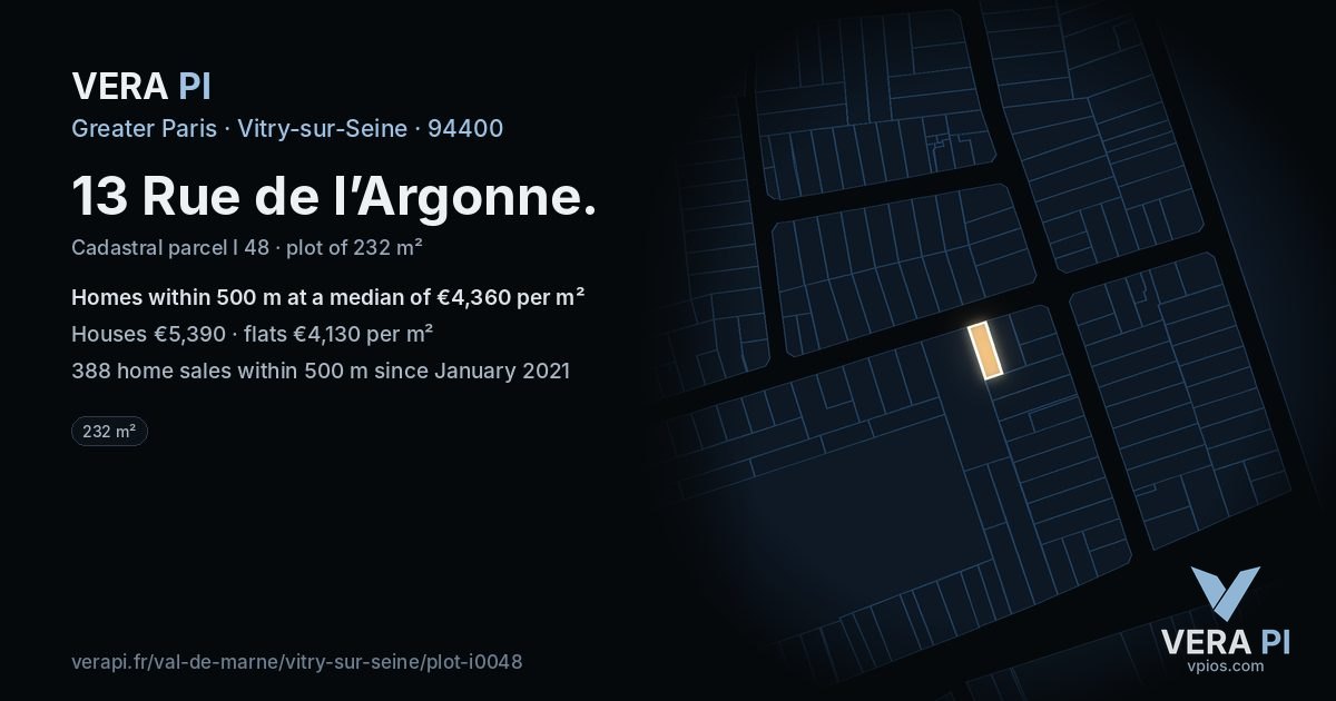 13 Rue de l’Argonne, Vitry-sur-Seine at night – the plot lit, the parcels around coloured by the prices near them