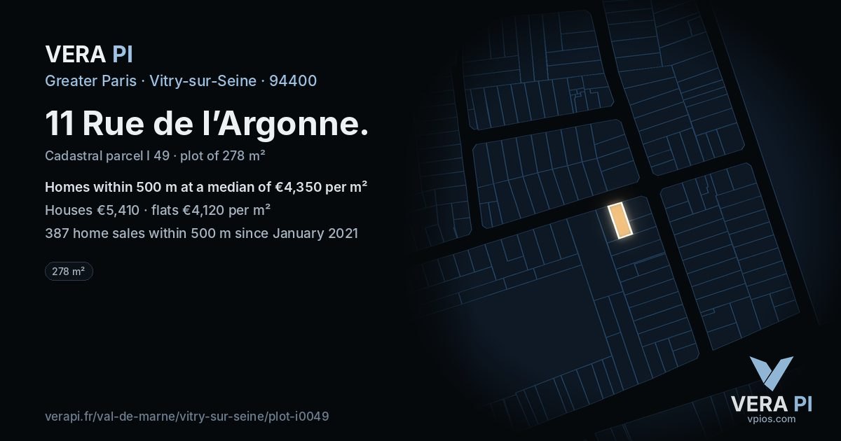 11 Rue de l’Argonne, Vitry-sur-Seine at night – the plot lit, the parcels around coloured by the prices near them