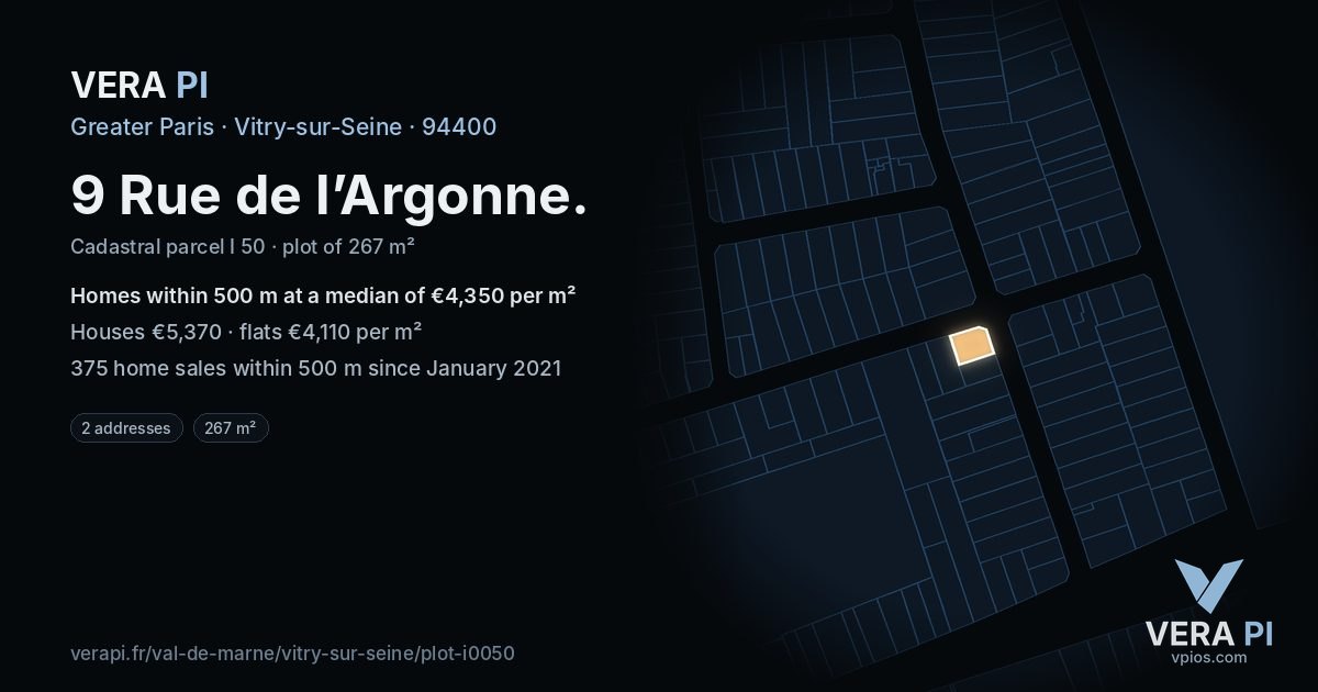9 Rue de l’Argonne, Vitry-sur-Seine at night – the plot lit, the parcels around coloured by the prices near them