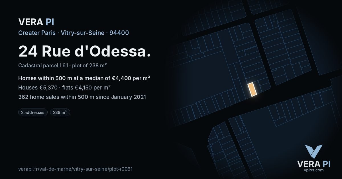 24 Rue d'Odessa, Vitry-sur-Seine at night – the plot lit, the parcels around coloured by the prices near them