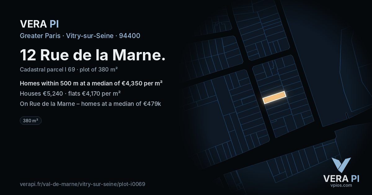 12 Rue de la Marne, Vitry-sur-Seine at night – the plot lit, the parcels around coloured by the prices near them