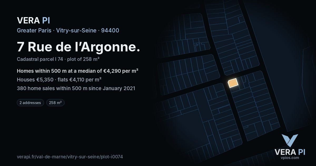 7 Rue de l’Argonne, Vitry-sur-Seine at night – the plot lit, the parcels around coloured by the prices near them