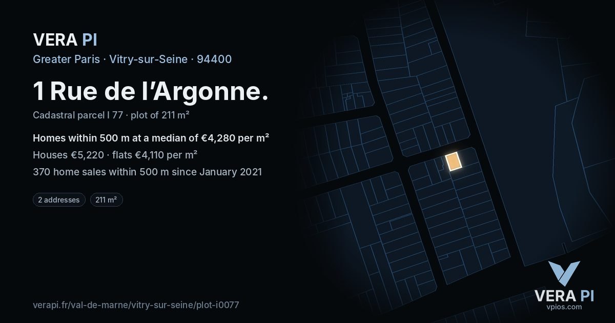 1 Rue de l’Argonne, Vitry-sur-Seine at night – the plot lit, the parcels around coloured by the prices near them