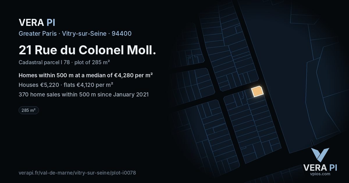 21 Rue du Colonel Moll, Vitry-sur-Seine at night – the plot lit, the parcels around coloured by the prices near them