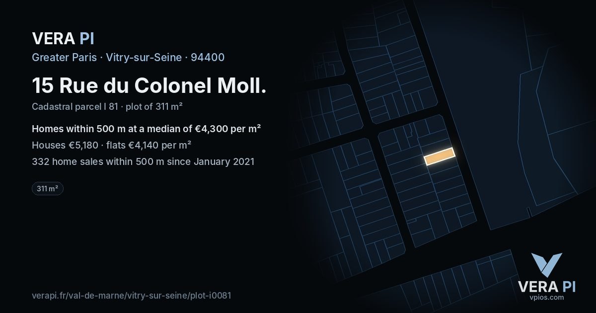 15 Rue du Colonel Moll, Vitry-sur-Seine at night – the plot lit, the parcels around coloured by the prices near them
