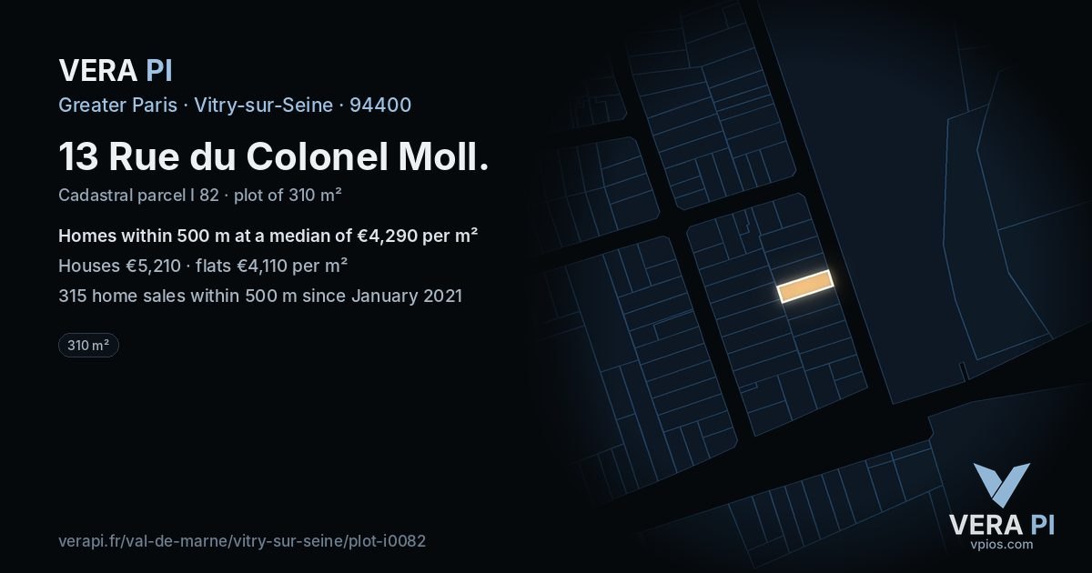 13 Rue du Colonel Moll, Vitry-sur-Seine at night – the plot lit, the parcels around coloured by the prices near them