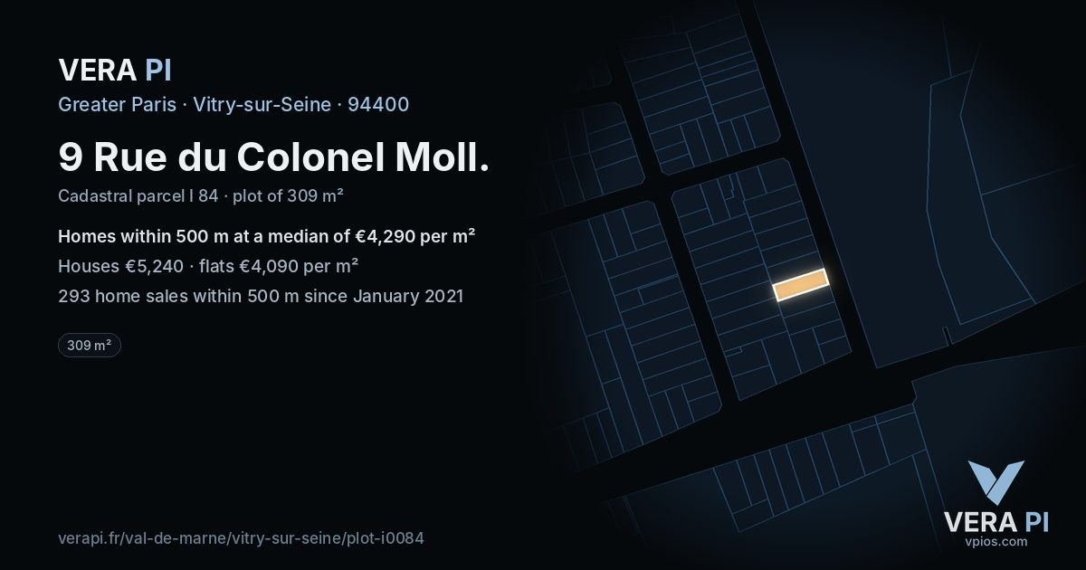 9 Rue du Colonel Moll, Vitry-sur-Seine at night – the plot lit, the parcels around coloured by the prices near them