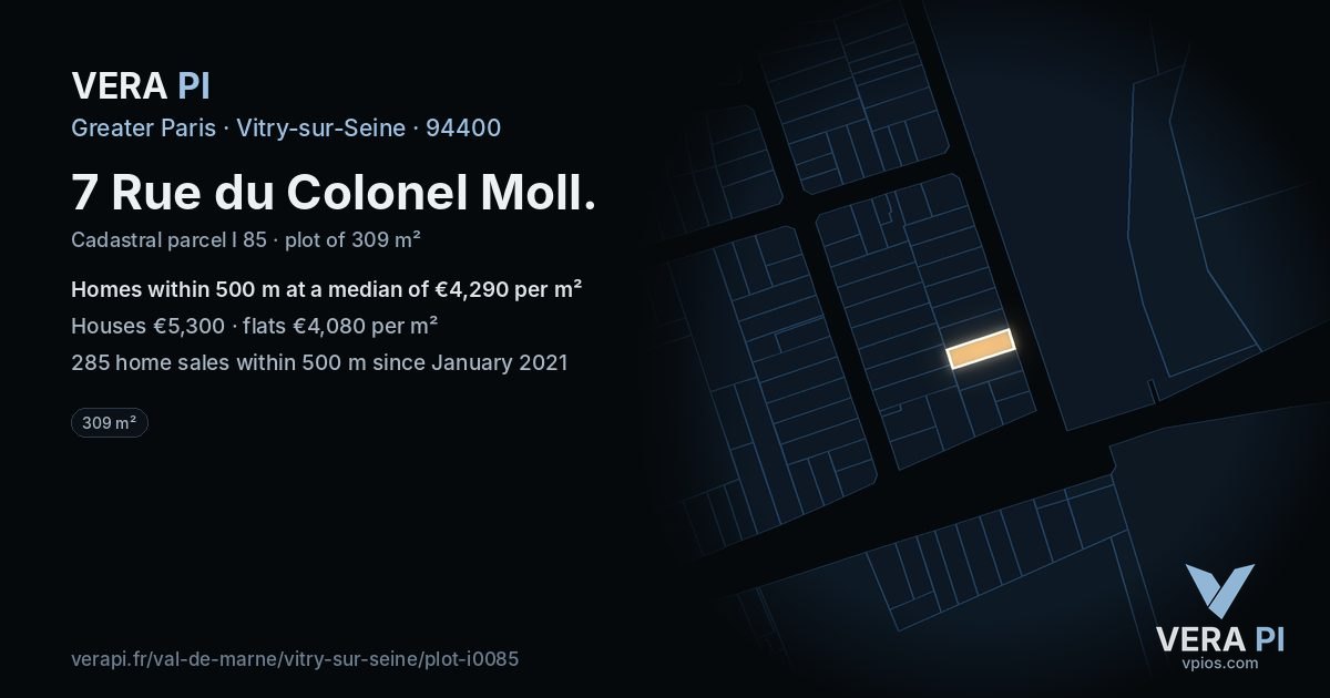 7 Rue du Colonel Moll, Vitry-sur-Seine at night – the plot lit, the parcels around coloured by the prices near them