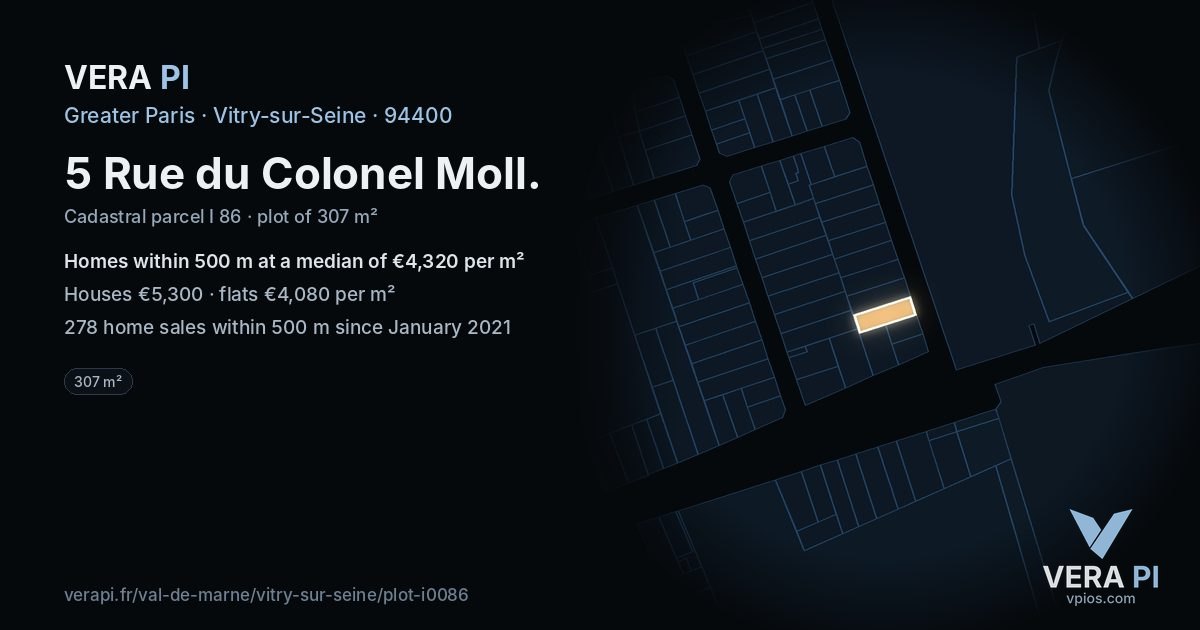 5 Rue du Colonel Moll, Vitry-sur-Seine at night – the plot lit, the parcels around coloured by the prices near them