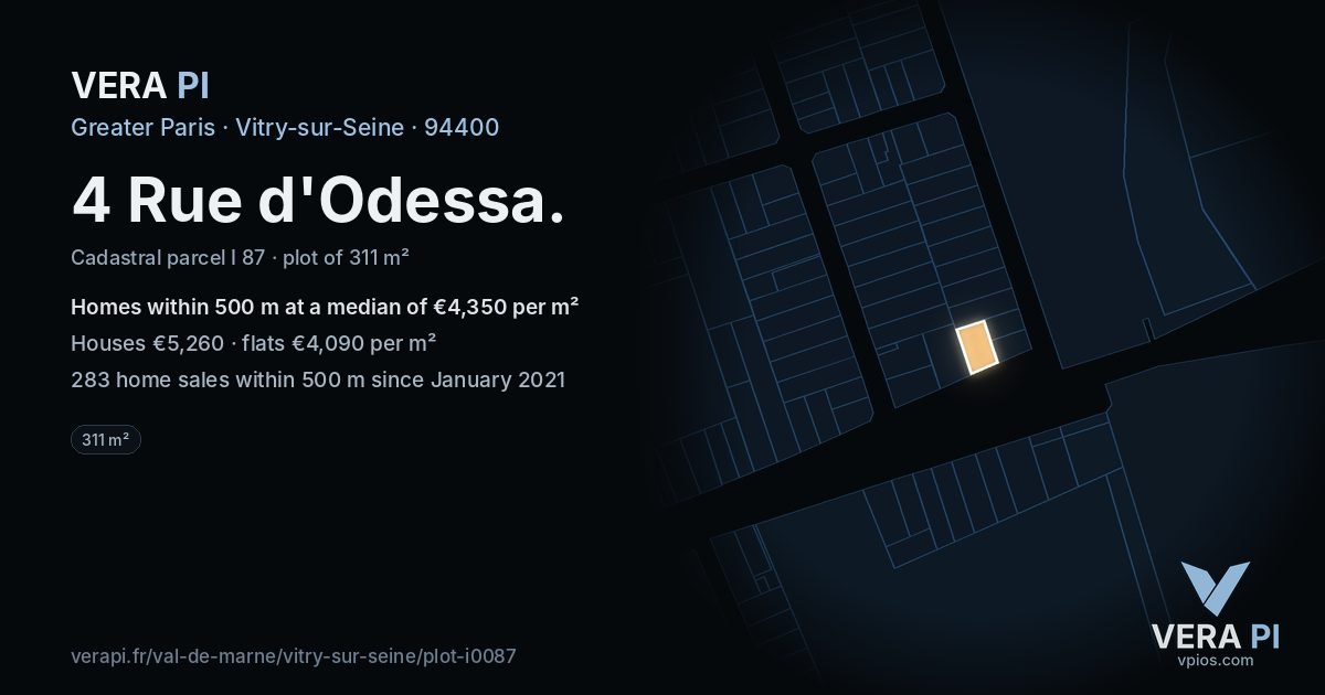 4 Rue d'Odessa, Vitry-sur-Seine at night – the plot lit, the parcels around coloured by the prices near them