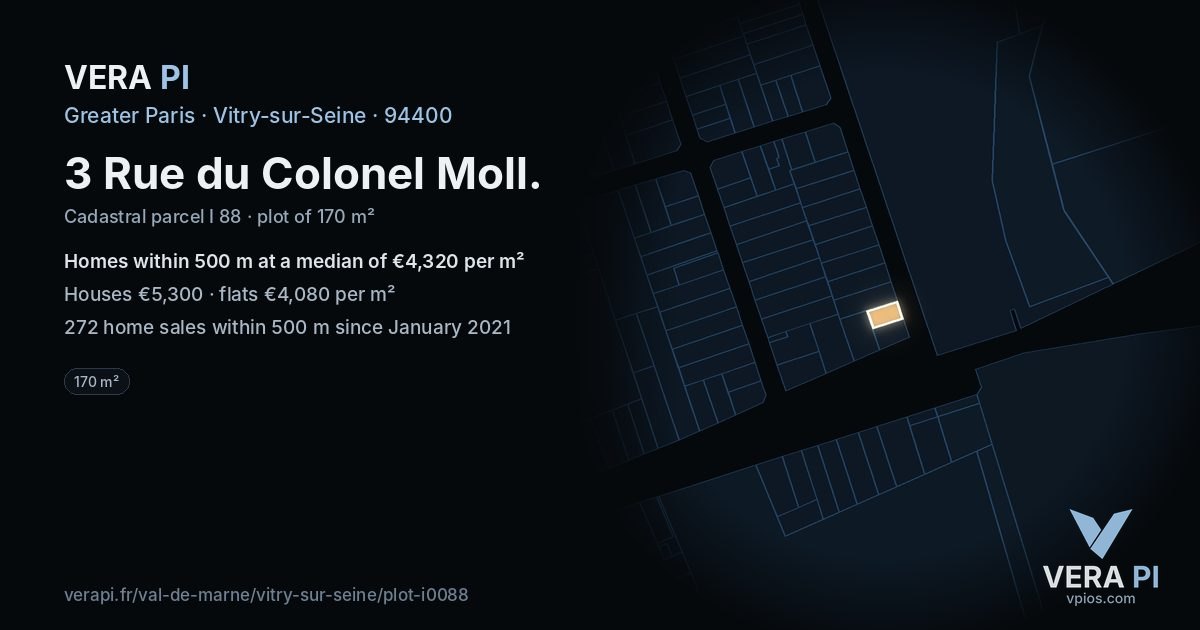 3 Rue du Colonel Moll, Vitry-sur-Seine at night – the plot lit, the parcels around coloured by the prices near them