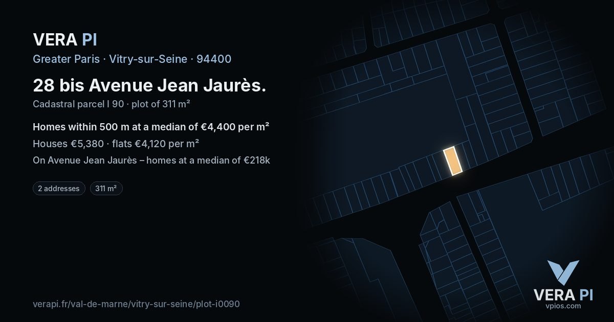 28 bis Avenue Jean Jaurès, Vitry-sur-Seine at night – the plot lit, the parcels around coloured by the prices near them