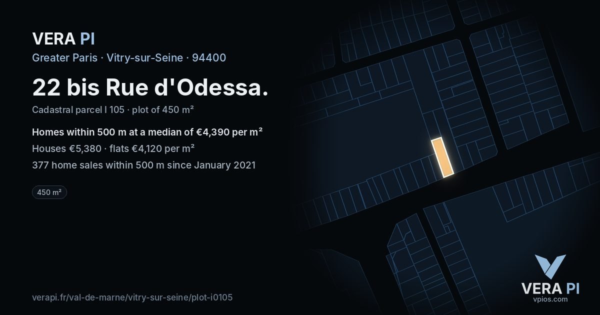 22 bis Rue d'Odessa, Vitry-sur-Seine at night – the plot lit, the parcels around coloured by the prices near them