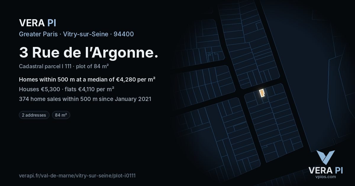 3 Rue de l’Argonne, Vitry-sur-Seine at night – the plot lit, the parcels around coloured by the prices near them