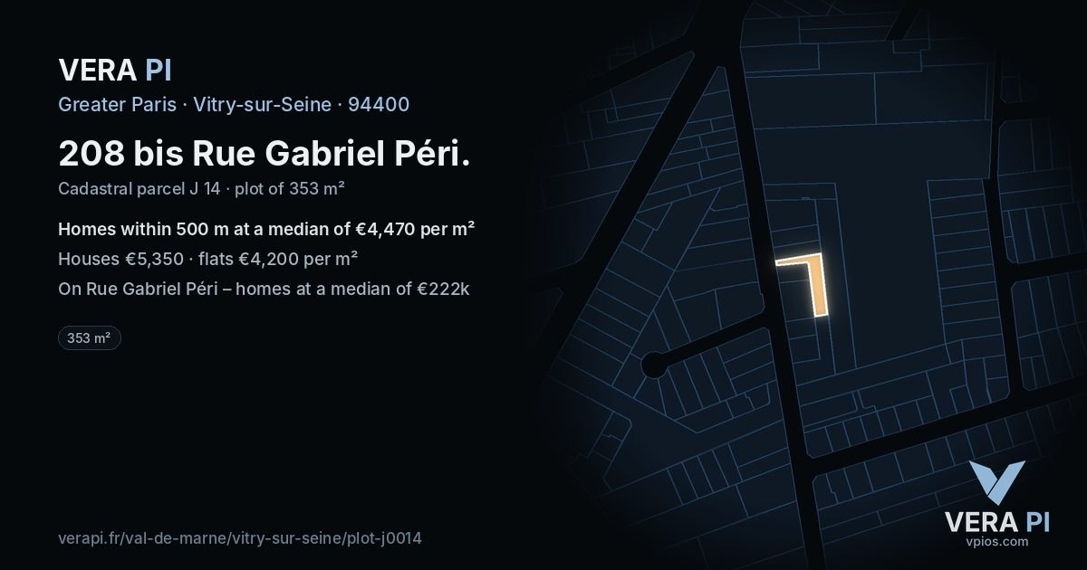 208 bis Rue Gabriel Péri, Vitry-sur-Seine at night – the plot lit, the parcels around coloured by the prices near them