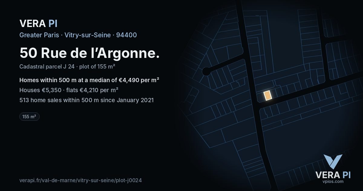 50 Rue de l’Argonne, Vitry-sur-Seine at night – the plot lit, the parcels around coloured by the prices near them