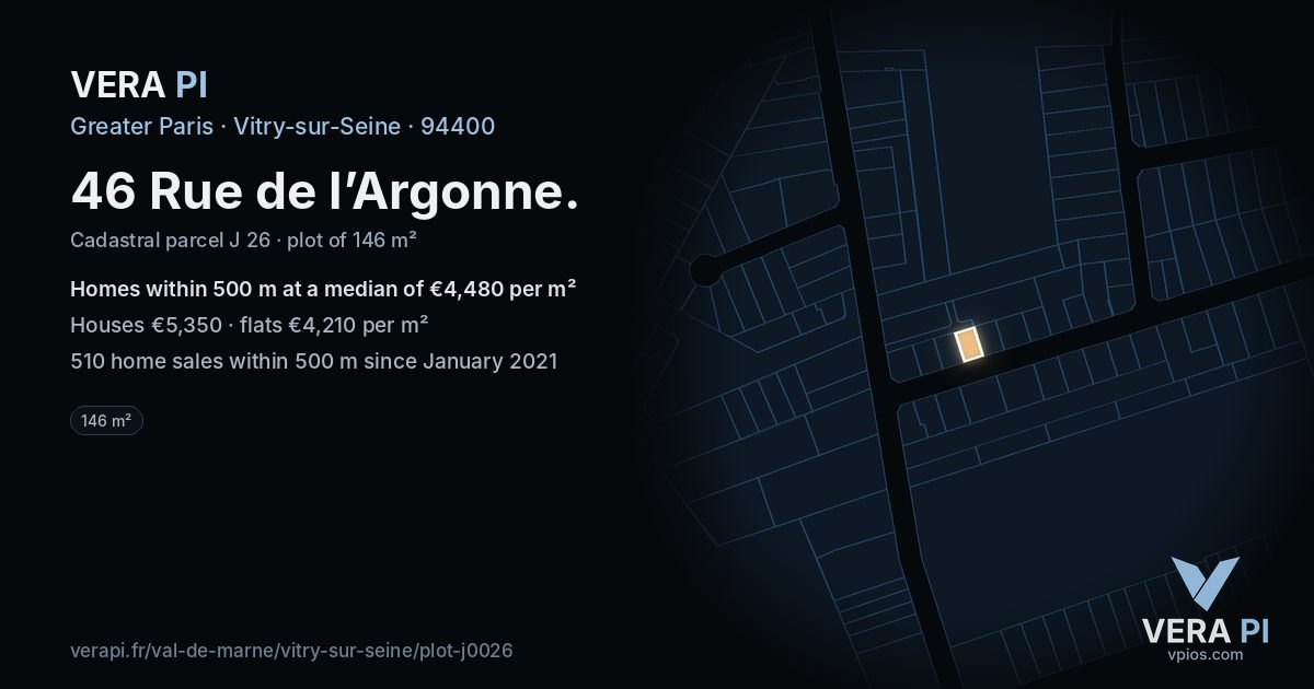 46 Rue de l’Argonne, Vitry-sur-Seine at night – the plot lit, the parcels around coloured by the prices near them