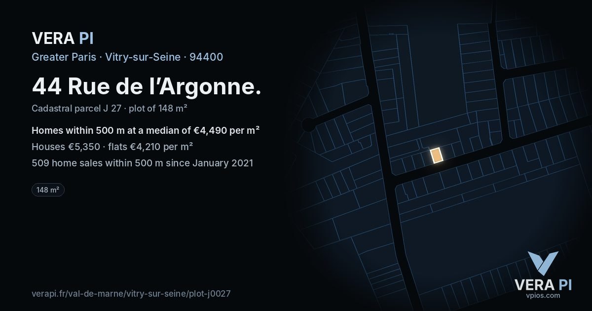 44 Rue de l’Argonne, Vitry-sur-Seine at night – the plot lit, the parcels around coloured by the prices near them